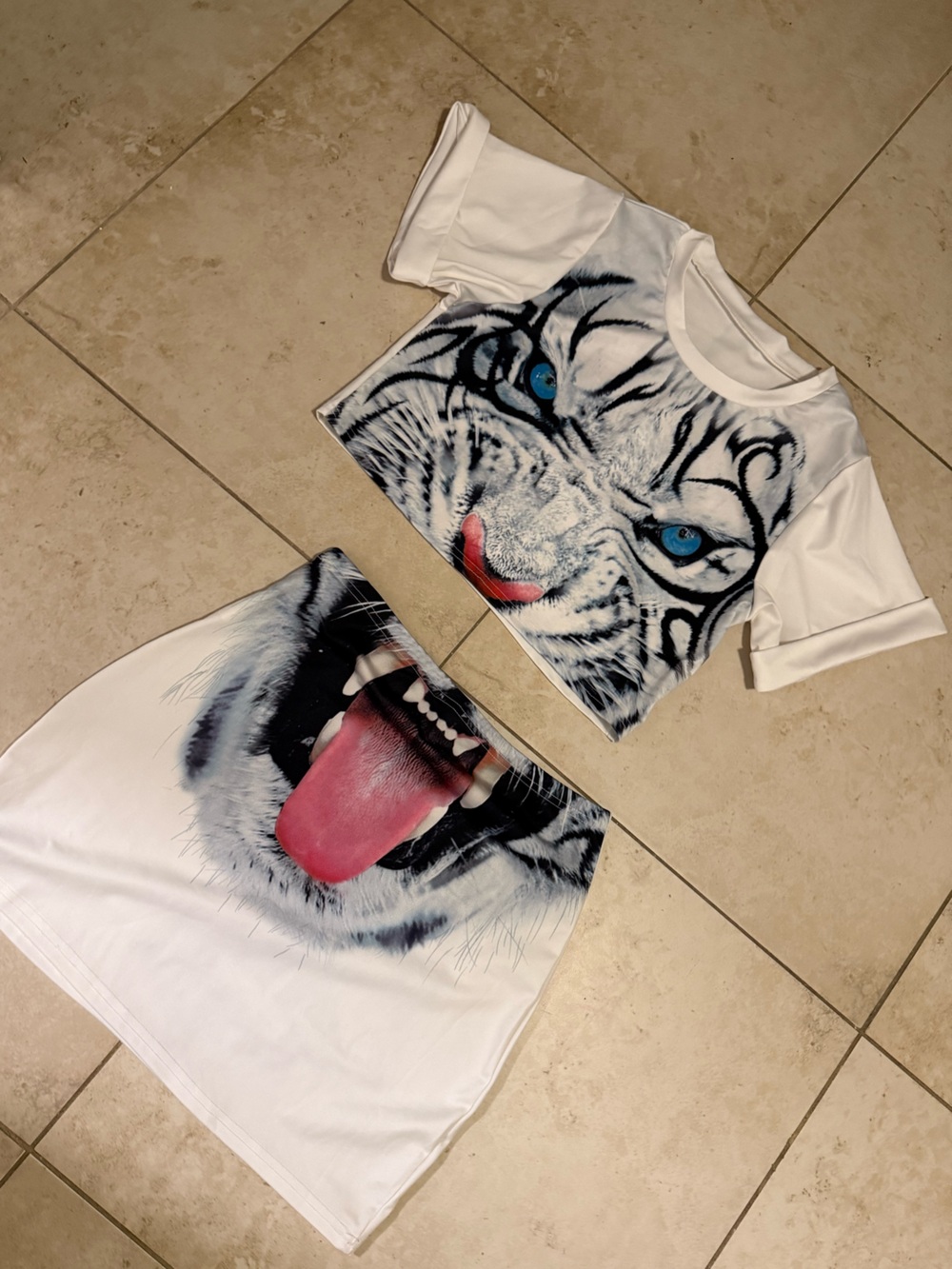 White Tiger crop Tee and Skirt Set - Blue Eye and tongue Design 👅